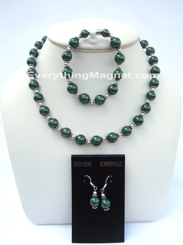 Magnetic Beaded Pearl Necklace, Bracelet, Earrings Set - BPNBE1