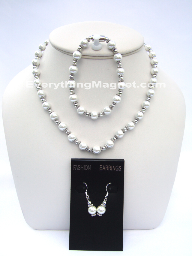 Magnetic Beaded Pearl Necklace, Bracelet, Earrings Set - BPNBE7
